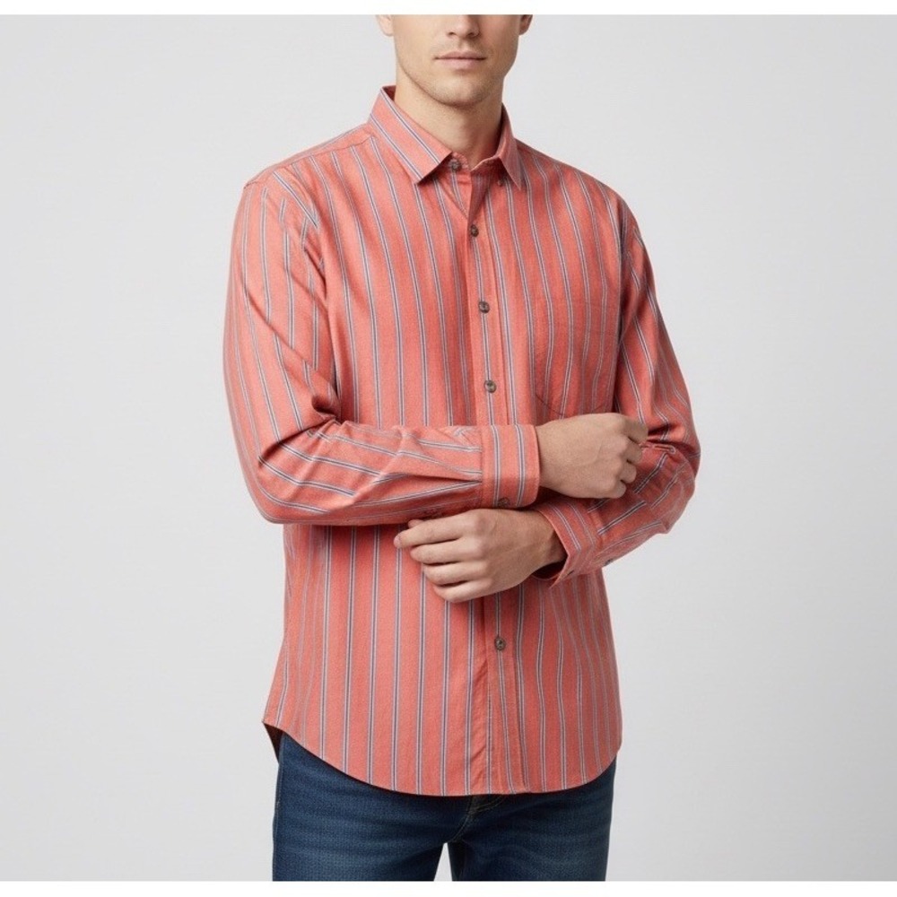 Banana Republic Mens Button Up Shirt Medium Coral Striped Relaxed Fit Casual